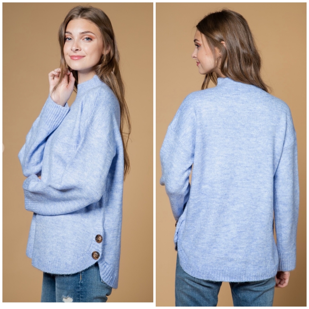 NEW IN By VERY J Cozy Chic Dusty Blue Mock Neck Relaxed Fit Sweater